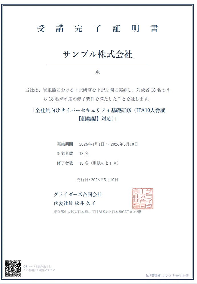 組織修了証明書サンプル（サンプル株式会社・18 名修了）